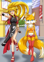  animal_humanoid avoid_posting bbmbbf blonde_hair bottomwear bracelet breasts camisole canid canine clothing dress female fingerless_gloves footwear fox garter_straps gloves hair handwear hi_res human humanoid jacket jewelry legwear mammal mobius_unleashed palcomix rule_63 sandals sega shopping_district shorts sonic_the_hedgehog_(series) stockings street tails topwear xiaomu 