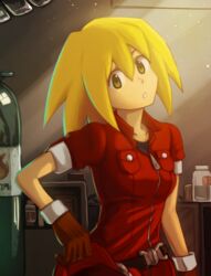  belt blonde_hair breast_pocket breasts commentary female fumato gloves green_eyes hair_between_eyes hand_on_own_hip hat head_tilt highres holding holding_clothes holding_hat jacket long_hair looking_at_viewer looking_to_the_side mechanic medium_breasts mega_man_(series) mega_man_legends_(series) mega_man_legends_3 pocket red_jacket roll_caskett_(mega_man) short_sleeves solo spiked_hair standing unworn_hat unworn_headwear upper_body zipper zipper_pull_tab 