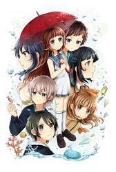  3boys 4girls absurdres blue_eyes brown_hair commentary_request dress highres hiradaira_chisaki hisanuma_sayu isaki_kaname kihara_tsumugu long_hair mihama_junior_high_school_uniform mukaido_manaka multiple_boys multiple_girls nagi_no_asukara nami_junior_high_school_uniform sailor_dress sakishima_hikari school_uniform serafuku shiodome_miuna umbrella umishima_rinta 