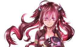  ahoge biker_clothes breasts brown_hair brown_jacket cleavage closed_mouth collarbone commentary_request demon_horns female hair_between_eyes helmet holding holding_helmet horns jacket large_breasts long_hair motorcycle_helmet multicolored_hair nijisanji pink_hair pointy_ears purple_eyes simple_background smile solo twintails two-tone_hair unworn_headwear unworn_helmet upper_body utsurogi_angu very_long_hair virtual_youtuber white_background yamiyono_moruru 