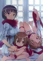  3girls absurdres barefoot black_eyes black_hair brown_eyes brown_hair bunbun cropped dress duplicate freckles grin hair_ornament hairclip highres kirigaya_suguha konno_yuuki_(sao) lisbeth_(sao) long_legs looking_at_viewer lossless-lossy lying multiple_girls official_art on_back on_stomach photoshop_(medium) red_scarf scan scarf short_hair silica sitting smile sword_art_online thigh_strap twintails 