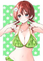  absurdres bikini blue_eyes breasts brown_hair cleavage closed_mouth collarbone drill_hair emma_verde female flower freckles green_bikini hair_flower hair_ornament highres jewelry large_breasts long_hair looking_at_viewer love_live! love_live!_nijigasaki_high_school_idol_club medium_hair necklace ririn_(ririn_501) smile solo swimsuit twin_drills upper_body 