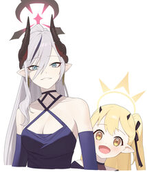  black_dress black_gloves black_horns blonde_hair blue_archive blush breasts cleavage collarbone demon_horns dress elbow_gloves female gloves glow_(user_hnpv7785) grey_eyes grey_hair grin halo halterneck highres horns ibuki_(blue_archive) ibuki_(dress)_(blue_archive) large_breasts long_hair makoto_(blue_archive) makoto_(dress)_(blue_archive) multiple_horns official_alternate_costume open_mouth pointy_ears red_halo simple_background smile solo white_background yellow_eyes yellow_halo 