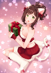  alternate_hairstyle animal_ears arm_warmers bare_shoulders blush boots bow box breasts brown_hair cat_ears cat_tail cleavage collarbone dot_nose fake_animal_ears fake_tail female folded_ponytail frilled_tube_top frills from_side full_body fur-trimmed_skirt fur_boots fur_trim gift gift_box green_eyes hair_ribbon hairbow highres holding holding_gift idolmaster idolmaster_cinderella_girls idolmaster_cinderella_girls_starlight_stage knee_boots large_breasts looking_at_viewer looking_back maekawa_miku oerba_yun_fang open_mouth pawpads pink_background red_ribbon red_skirt red_tube_top ribbon short_hair sitting skirt solo starry_background strapless tail tori_ririisu tube_top wariza white_footwear 