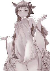  animal_ears bare_shoulders blunt_bangs blush braid breasts dress erune eyeliner female fox_ears granblue_fantasy hair_ornament highres japanese_clothes kimono long_hair long_sleeves looking_at_viewer makeup nosuku off_shoulder pholia pholia_(yukata) short_dress short_eyebrows side_braids small_breasts solo thighs very_long_hair wide_sleeves yukata 