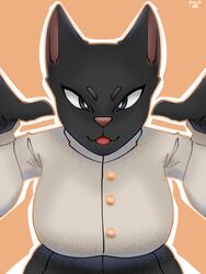  3:4 anthro big_breasts black_body black_fur breasts clothed clothing domestic_cat felid feline felis female fur hi_res mammal rizal_ok solo thick_thighs white_clothing 