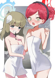  2girls absurdres apron ass blue_archive blue_halo blush breasts brown_hair cleavage collarbone cowboy_shot grey_eyes halo highres long_hair medium_breasts mochini multiple_girls open_mouth red_hair red_halo short_hair small_breasts takane_(blue_archive) white_apron yakumo_(blue_archive) yellow_eyes 