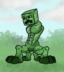  4_paws abs armless big_pecs clothed clothing cloud creeper_(minecraft) creeper_taur feet game_character gin98 glowing glowing_eyes grass green_body green_eyes green_skin green_toes hi_res huge_pecs male microsoft minecraft mojang muscular muscular_male nude pantsless paws pecs pinup plant pose quadruped sexy_eyes shrub sky solo square_(anatomy) taur toes xbox_game_studios 