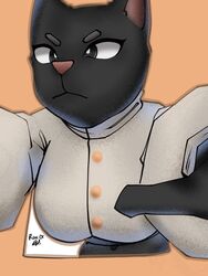  3:4 anthro big_breasts black_body black_fur breasts clothed clothing domestic_cat felid feline felis female fur hi_res mammal rizal_ok solo white_clothing 