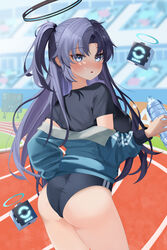  :o absurdres ass black_buruma black_shirt blue_archive blue_eyes blue_hair blush bottle breasts buruma commentary_request day double_vertical_stripe drone female gym_shirt gym_uniform halo highres holding holding_bottle jacket looking_at_viewer mechanical_halo medium_breasts official_alternate_costume open_mouth outdoors parted_bangs shirt short_sleeves solo syuma t-shirt thighs track_and_field track_jacket two_side_up water_bottle yuuka_(blue_archive) yuuka_(track)_(blue_archive) 