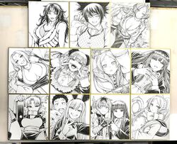  2boys 6+girls breasts chiba_toshirou cleavage cosplay fangs fern_(sousou_no_frieren) frieren giovanna_(guilty_gear) gojou_wakana guilty_gear guilty_gear_strive half-heart_hands heart_hands_failure highres kitagawa_marin large_breasts long_hair mitarashi_anko multiple_boys multiple_girls naruto naruto_(series) photo_(medium) pointy_ears rei_(guilty_gear) rizu-kyun rizu-kyun_(cosplay) shikishi sono_bisque_doll_wa_koi_wo_suru sousou_no_frieren stark_(sousou_no_frieren) temari_(naruto) thumbs_up tsunade_(naruto) yuuhi_kurenai 