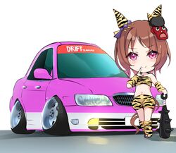  animal_ears animal_print brown_hair car chibi drift_tengoku female highres horse_ears horse_girl horse_tail looking_at_viewer mask midriff motor_vehicle name_connection navel nissan nissan_laurel peteron sakura_laurel_(oni_laurel)_(umamusume) sakura_laurel_(umamusume) smile solo stance_(vehicle) tail umamusume umamusume:_star_blossom vehicle_focus weapon 