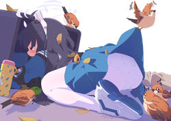  &gt;_&lt; ^^^ absurdres animal_ears ass bird black_hair blue_archive blue_serafuku blue_shirt blue_skirt clothes_lift commentary fake_animal_ears feca female green_neckerchief halo highres leaf leaf_on_head long_hair miyu_(blue_archive) neckerchief panties panties_under_pantyhose pantyhose rabbit_ears recycle_bin sailor_collar school_uniform serafuku shirt shoes skirt skirt_lift sneakers solo trash_can two-tone_skirt underwear white_footwear white_pantyhose white_sailor_collar white_skirt 