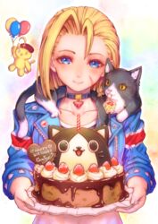  animal animal_on_shoulder balloon blonde_hair blue_eyes blunt_ends blush cake cammy_white candle cat_on_shoulder charm_(object) choker cropped_jacket feline female food fruit happy_birthday highres holding holding_plate kodue55 plate scar scar_on_cheek scar_on_face short_hair smile solo strawberry street_fighter street_fighter_6 