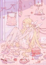  absurdres batter blonde_hair book bow bowl brooch cake candle chii chobits closet cocktail_glass computer cross cup cupcake dress drinking_glass fake_halo female food halo heart heart-shaped_cake highres holy_water indoors inverted_cross jewelry knees_up knife laptop long_hair looking_at_viewer mirror olive pink_bow pink_theme robot_ears ronoh_(jill) rosary saint shelf shoes solo thighlet tile_floor tiles tray very_long_hair white_dress white_footwear wings wrist_cuffs 