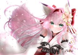  absurdres animal_ear_fluff animal_ears artist_name azur_lane bare_shoulders black_gloves female flower fox_ears fox_girl fox_tail gloves gold_trim green_eyes hair_flower hair_ornament hairband hanazuki_(azur_lane) highres japanese_clothes kimono large_tail looking_at_viewer nako_nya pink_hair pink_tail red_hairband simple_background sleeveless sleeveless_kimono solo tail white_background white_kimono 