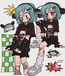  1boy arm_at_side baggy_clothes bandage_on_knee bandage_on_leg black_eyes black_shirt black_shorts blood bloodshot_eyes blue_hair bottle cigar closed_mouth clothes_grab collage constricted_pupils cropped_legs dot_nose ear_piercing eyelashes feet_out_of_frame gauze_on_knee gauze_on_leg grey_background hair_ornament hairclip half-closed_eyes head_tilt highres holding holding_cigar injury jwnn knee_up kneehighs looking_ahead looking_at_viewer looking_down marijuana medium_hair notice_lines nyon_(randal&#039;s_friends) oversized_clothes pentagram piercing randal&#039;s_friends runny_makeup shirt shoelaces short_shorts shorts simple_background sitting skull smoke smoking socks solo tissue tissue_box triangle_mouth whiskers white_footwear white_socks wide-eyed 