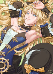  absurdres afureru_colors armpits arms_up bare_shoulders black_choker black_hat blonde_hair blue_dress blue_eyes breasts choker cleavage commentary_request detached_sleeves dress drill_hair drill_sidelocks female genshin_impact hat highres jewelry long_sleeves looking_at_viewer navia_(genshin_impact) necklace sidelocks smile solo strapless strapless_dress unworn_hat unworn_headwear upper_body 