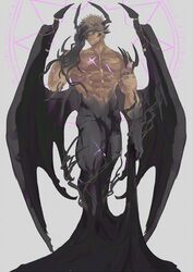  1boy abs alternate_form armlet black_hair black_skin broken_mask collarbone colored_skin crimzon_ruze cross_scar demon_boy demon_horns demon_wings earrings eye_mask glowing_scar grey_hair highres holostars holostars_english horns jewelry large_pectorals looking_at_viewer male_focus mask multicolored_hair multiple_horns muscular muscular_male navel orenjimaru parted_lips pectorals pointy_ears scar scar_on_arm scar_on_chest scar_on_leg shoulder_spikes solo spikes stomach tendril veins virtual_youtuber wings 