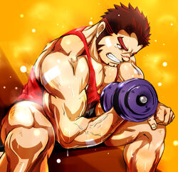  1boy akashi_(live_a_hero) alternate_costume bara bare_pectorals doro_rich dumbbell exercising facial_hair feet_out_of_frame frown goatee live_a_hero long_sideburns male_focus muscular muscular_male paid_reward_available pectorals red_eyes red_hair red_tank_top scar scar_on_face scar_on_nose short_hair sideburns sitting solo sweat tank_top thick_eyebrows veins veiny_arms weightlifting 