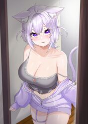  absurdres ahoge animal_ear_fluff animal_ears breasts camisole cat_ears cat_girl cat_tail cleavage doorway female grey_camisole highres hololive jacket large_breasts lazycoffee_(wyen_iscordo) medium_hair multicolored_clothes multicolored_jacket navel nekomata_okayu nekomata_okayu_(membership) official_alternate_costume partially_unzipped purple_eyes purple_hair purple_nails purple_shorts shorts strap_slip tail two_side_up virtual_youtuber 