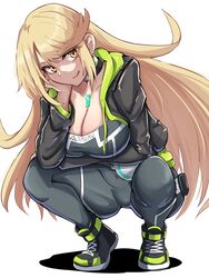  absurdres arm_under_breasts black_choker black_jacket blonde_hair breasts chest_jewel choker cleavage commentary_request core_crystal_(xenoblade) cosplay eunie_(xenoblade) eunie_(xenoblade)_(cosplay) female green_hoodie high-waist_pantyhose highres hood hoodie jacket large_breasts leather leather_jacket long_hair multicolored_clothes multicolored_jacket mythra_(xenoblade) open_clothes open_jacket pants pantyhose smile squatting swept_bangs tight_clothes tight_pants timosan two-tone_jacket white_background xenoblade_chronicles_(series) xenoblade_chronicles_2 xenoblade_chronicles_3 