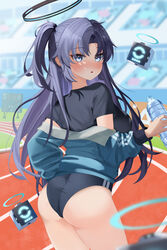  :o absurdres ass black_buruma black_shirt blue_archive blue_eyes blue_hair blurry blush bottle breasts buruma commentary_request day depth_of_field double_vertical_stripe drone female gym_shirt gym_uniform halo highres holding holding_bottle jacket looking_at_viewer mechanical_halo medium_breasts official_alternate_costume open_mouth outdoors parted_bangs shirt short_sleeves solo syuma t-shirt thighs track_and_field track_jacket two_side_up water_bottle yuuka_(blue_archive) yuuka_(track)_(blue_archive) 