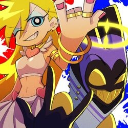  1:1 adam_(hazbin_hotel) alternative_fashion angel angel_humanoid breasts clothed clothing crossover devil_horns_(gesture) duo female gesture gyaru halo hand_gesture hazbin_hotel hi_res hime_gyaru humanoid j-fashion male panty_(pswg) panty_and_stocking_with_garterbelt sharp_teeth sub_tawasi teeth y2k_(fashion) 