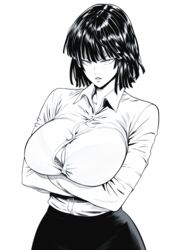  absurdres alternate_costume black_skirt bra bra_peek breasts button_gap cleavage collared_shirt cowboy_shot crossed_arms female fubuki_(one-punch_man) greyscale highres huge_breasts long_sleeves looking_at_viewer medium_hair monochrome mostlybluewyatt office_lady one-punch_man parted_lips shirt shirt_tucked_in skirt solo tight_clothes tight_shirt underwear 