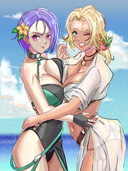  2girls alboeire ass asymmetrical_docking bikini black_choker black_one-piece_swimsuit blonde_hair blue_eyes breast_press breasts catherine_(fire_emblem) catherine_(summer)_(fire_emblem) choker cleavage expressionless fire_emblem fire_emblem:_three_houses fire_emblem_heroes flower hair_flower hair_ornament highres large_breasts medallion multiple_girls official_alternate_costume one-piece_swimsuit one_eye_closed purple_eyes purple_hair see-through see-through_shirt see-through_skirt shamir_nevrand shamir_nevrand_(summer) shirt short_hair side-tie_bikini_bottom side_slit skirt smile standing swimsuit tan white_bikini white_shirt white_skirt yuri 