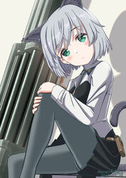  absurdres animal_ears artist_name blush breasts cat_ears cat_girl cat_tail commentary_request dated female green_eyes grey_background grey_hair highres light_smile looking_at_viewer military_uniform naruchisukisuki necktie pantyhose rocket_launcher sanya_v._litvyak shadow simple_background sitting small_breasts solo strike_witches tail uniform weapon world_witches_series 