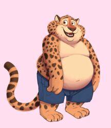  3_fingers 3_toes anthro belly benjamin_clawhauser big_belly cheetah clothed clothing disney eyebrows feet felid feline fingers hi_res male male_anthro mammal markings overweight overweight_anthro overweight_male simple_background solo spectral-bat spots spotted_body spotted_markings spotted_tail swimming_trunks swimwear tail tail_markings teeth toes topless topless_anthro topless_male zootopia 