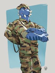  3:4 anthro argonian backpack blue_body blue_scales camo clothing facial_spikes hi_res jaw_spikes lion21 male microsoft military_uniform muscular scales scalie simple_background solo spikes spikes_(anatomy) the_elder_scrolls tristen uniform 