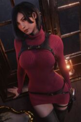  1female 3d ada_wong black_eyes black_hair body_harness capcom female gun hourglass_figure leather_boots leg_weapon_holster medium_breasts red_sweater red_turtleneck_sweater resident_evil resident_evil_2 resident_evil_2_remake resident_evil_4 resident_evil_4_remake revolver ria-neearts seductive_stare sexy_hips 