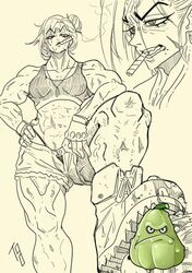  2d anthropomorphic anthropomorphism black_and_white bodybuilder chayote_(pvz) female female_focus giant_muscles lineart military muscular muscular_female no_sex plants_vs_zombies pvz scar scar_on_face shorts smoking tied_hair topwear 