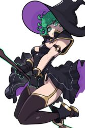  1girls :t _muds_ black_leotard black_shoes breasts broom female female_only garter_straps gloves green_eyes green_hair leotard muds one-punch_man shoes solo stockings tagme tatsumaki thighhighs thighs white_background witch witch_broom witch_hat 