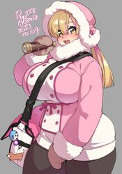  adorable bag_charm big_breasts blonde_hair chubby_female coat cute eyebrows_visible_through_hair fully_clothed fur_trim gloves hat huge_breasts looking_at_viewer mittens mouth_open multicolored_hair original pink_hair_streak plump ryo_agawa shorts shoulder_bag smiling solo solo_female thick_thighs winter_clothes yellow_eyes 