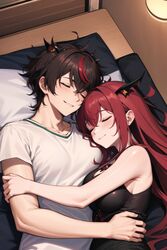  1boy 1boy1girl 1girl ai_generated blush closed_eyes cuddling female girl hololive hololive_english irys laying laying_on_bed no_sex red_hair smile smiling tagme touching virtual_youtuber wholesome 