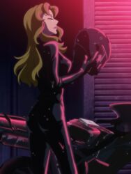  anime_screenshot ass biker_clothes bikesuit black_bodysuit blonde_hair bodysuit breasts closed_eyes diary female helmet highres lipstick long_hair makeup mawaru_penguindrum medium_breasts motor_vehicle motorcycle motorcycle_helmet parted_lips pink_lips solo standing stitched third-party_edit tokikago_yuri water_drop wavy_hair wet wet_clothes 