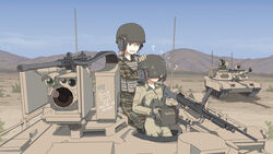  2girls ? ammunition_box browning_m2 camouflage commentary covered_eyes day desert english_text etmc1992 gloves green_eyes gun heavy_machine_gun helmet helmet_over_eyes highres jumpsuit load_bearing_vest m1_abrams m240 machine_gun military military_uniform military_vehicle motor_vehicle multiple_girls orange_hair original outdoors sky smirk sweatdrop tank uniform united_states_army weapon 