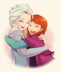  2girls anna_(frozen) blonde_hair braid closed_eyes commentary_request elsa_(frozen) frozen_(disney) happy hug md5_mismatch multiple_girls seylyn siblings sisters smile 