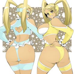  2girls ass black_hair blonde_hair blue_leotard breasts brown_eyes clothing_cutout commentary_request dual_persona hair_pulled_back hand_on_own_hip hip_focus large_breasts leotard looking_at_viewer looking_back mask multiple_girls name_john rainbow_mika shoulder_cutout standing street_fighter street_fighter_zero_(series) thighs twintails wrestling_mask 