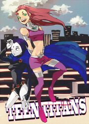  2girls belt cartoon_network cloak copyright_name dc_comics flying green_eyes green_sclera grey_skin leotard long_hair long_sleeves multiple_girls open_mouth orange_skin raven_(dc) red_hair skirt sky sleeveless starfire teen_titans tetu thigh_boots vambraces 