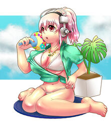  barefoot bikini blush breasts cleavage commentary_request female hand_fan headphones kakuume large_breasts long_hair navel nitroplus open_clothes open_mouth paper_fan pink_hair ponytail red_eyes sitting solo super_sonico swimsuit uchiwa wariza 