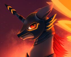  ambiguous_gender animated armor equid equine fan_character feral fur glowing grey_body grey_fur hair hasbro headgear helmet horn horse implied_fire khaoios_(character) mammal my_little_pony outside pony red_eyes red_hair rodrigues404 short_playtime sky solo 