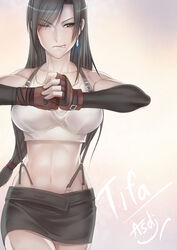  ;p artist_name asdj bare_shoulders black_hair breasts brown_eyes character_name collarbone commentary cowboy_shot cracking_knuckles crop_top earrings elbow_gloves female final_fantasy final_fantasy_vii fingerless_gloves gloves hair_over_one_eye hands_up highres jewelry long_hair looking_to_the_side low-tied_long_hair midriff miniskirt navel one_eye_closed own_hands_together pencil_skirt photoshop_(medium) skirt solo stomach suspender_skirt suspenders tank_top tifa_lockhart tongue tongue_out v-shaped_eyebrows walking 