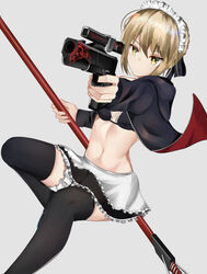  aiming artoria_pendragon_(all) artoria_pendragon_(swimsuit_rider_alter) bangs bikini bikini_top black_bikini black_hoodie black_jacket black_legwear black_ribbon black_skirt black_thighhighs blonde_hair breasts eyebrows_visible_through_hair fate/grand_order fate_(series) female female frilled_apron frilled_bikini_top frilled_headdress frilled_skirt frills grey_background gun hair_between_eyes hair_ribbon handgun holding holding_gun holding_pistol holding_spear holding_weapon ikashun jacket leg_garter leg_up long_sleeves maid maid_apron maid_bikini maid_headdress navel one_leg_raised open_clothes open_hoodie open_jacket pistol red_jacket ribbon saber_alter scope short_hair simple_background skirt small_breasts solo spear stomach thighhighs two-tone_jacket waist waist_apron weapon yellow_eyes zettai_ryouiki 