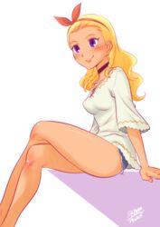  amamiya_elena bad_id bad_pixiv_id blonde_hair choker commentary_request dark-skinned_female dark_skin denim denim_shorts female hairband legs medium_hair mole mole_under_eye ono_toshihiro precure purple_eyes shorts signature sitting smile solo star_twinkle_precure 