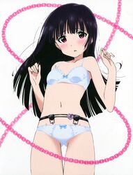  3d ass_visible_through_thighs black_hair blue_bow blunt_bangs blunt_ends blush bow bow_bra bow_panties bra breasts chains chastity_belt clenched_hands cowboy_shot embarrassed female frilled_bra frilled_panties frills groin hands_up heart heart-shaped_lock highres kanzaki_mitsuki legs_together lock long_hair looking_at_viewer navel official_art paint.net_(medium) panties parted_lips purple_eyes raised_eyebrows saikin_imouto_no_yousuga_chotto_okashiindaga scan simple_background small_breasts solo source_request standing straight_hair thigh_gap triangle_mouth underwear underwear_only w_arms white_background white_bra white_panties 