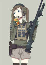  bipod blue_eyes bolt_action brown_hair bulletproof_vest chinese_commentary commentary_request drinking drinking_straw english_text etmc1992 female gloves gun handgun headset highres holding holding_gun holding_weapon holster holstered juice_box original remington_model_700 rifle short_shorts shorts sniper_rifle solo thighhighs twintails weapon 